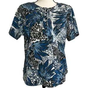 LA Central Blouse L Zebra Tiger Leaves Blue Vintage